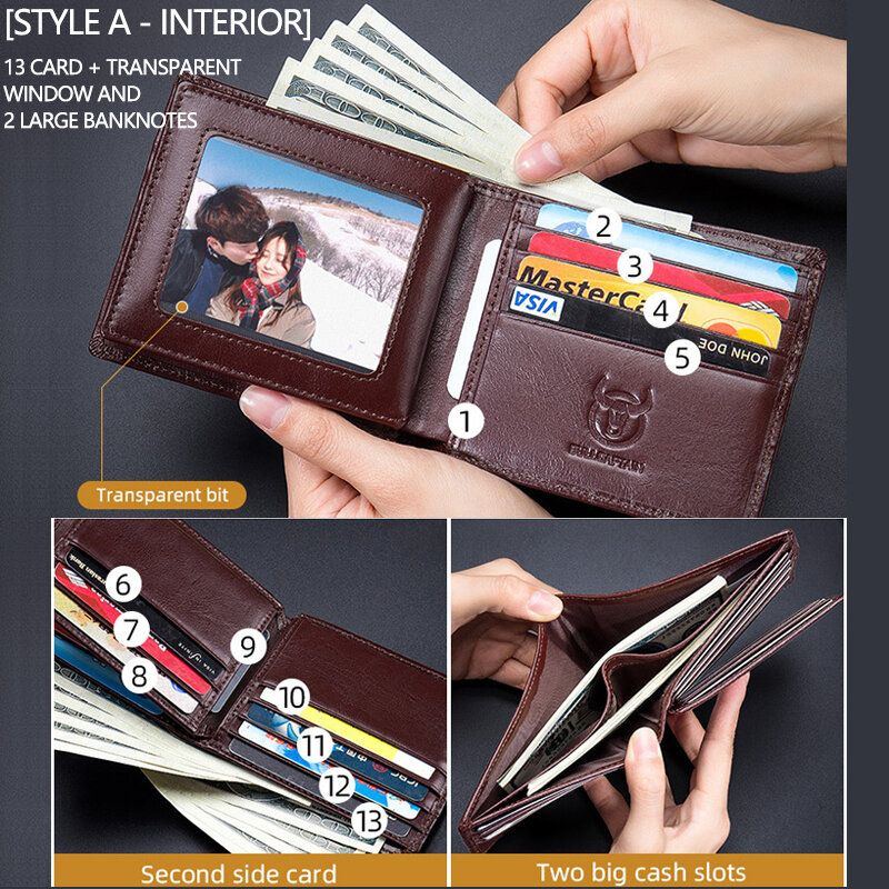 Herren Geldbörsen Horizontal Vertikal Bifold Anti Diebstahl Bürste Multi Card Slot Kartenhalter Geldscheinklammer Rindsleder Geldbörsen