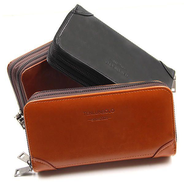 Herren Kunstleder Business Doppelreißverschluss Lange Geldbörse Clutch Bag