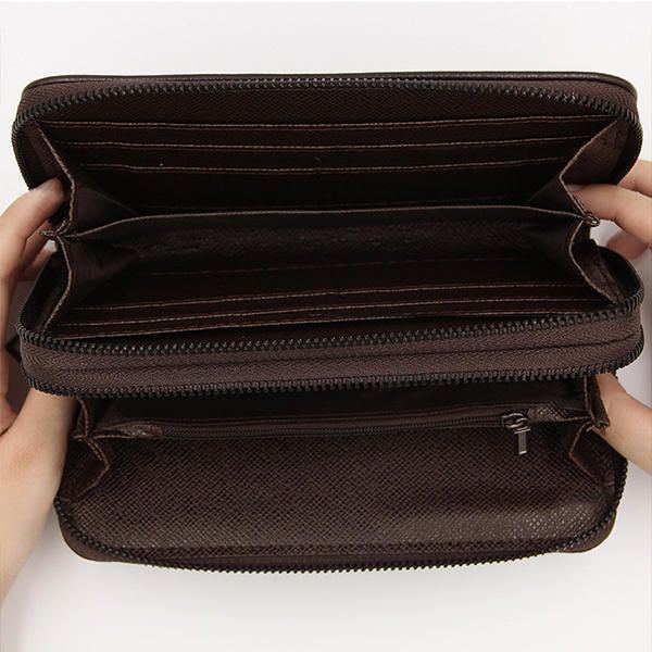 Herren Kunstleder Business Doppelreißverschluss Lange Geldbörse Clutch Bag