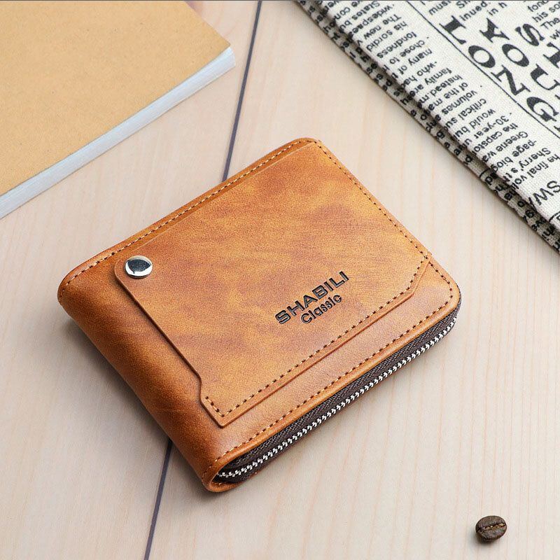 Herren Kunstleder Retro Klassisch Draw Card Slot Bifold Zipepr Card Holder Wallet