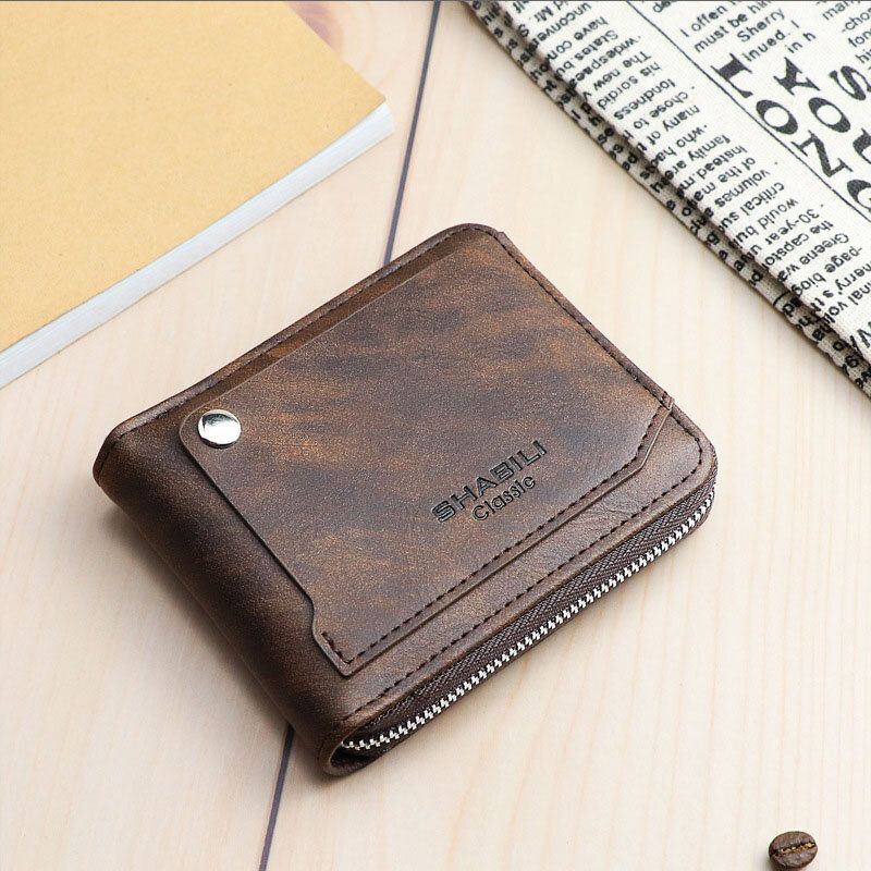 Herren Kunstleder Retro Klassisch Draw Card Slot Bifold Zipepr Card Holder Wallet