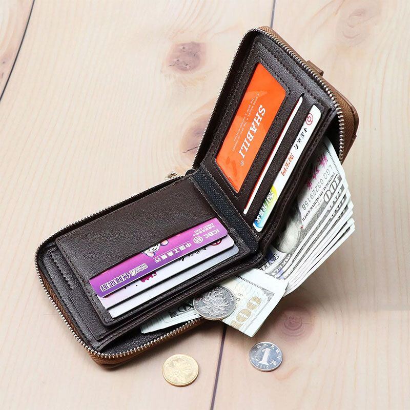 Herren Kunstleder Retro Klassisch Draw Card Slot Bifold Zipepr Card Holder Wallet