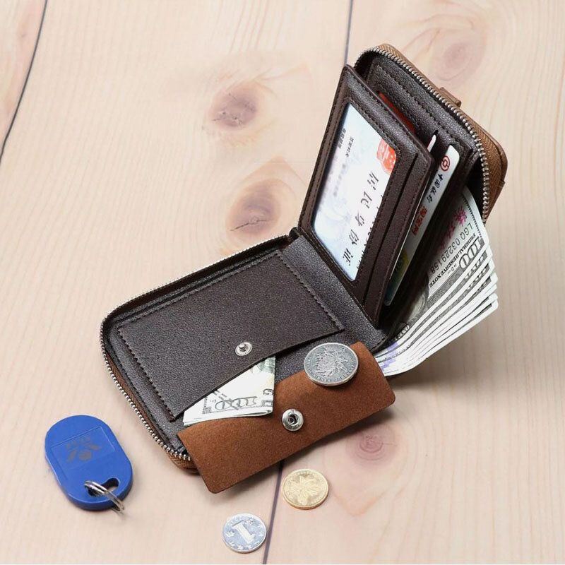 Herren Kunstleder Retro Klassisch Draw Card Slot Bifold Zipepr Card Holder Wallet