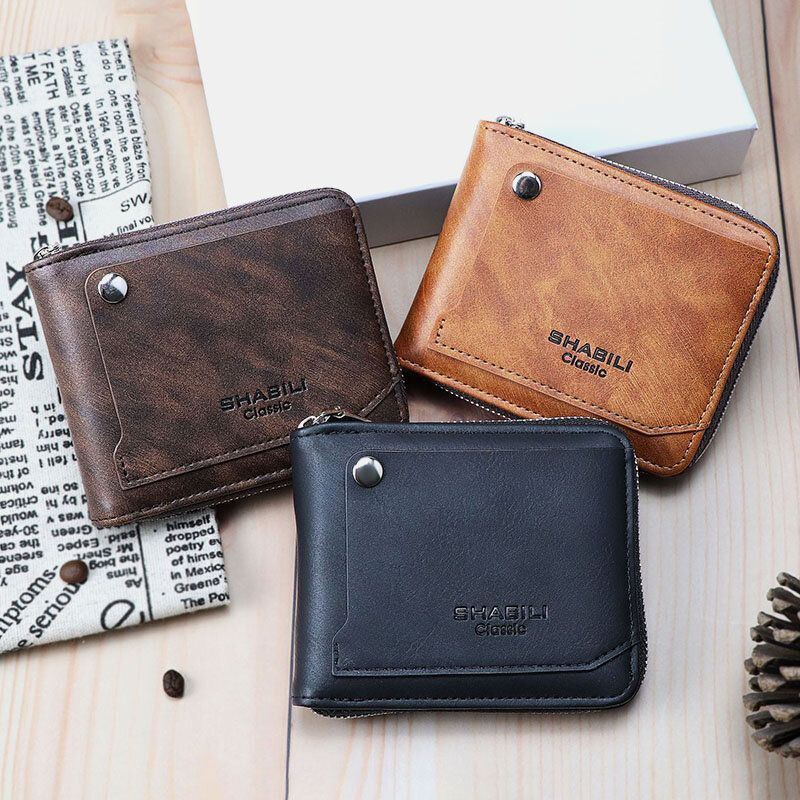 Herren Kunstleder Retro Klassisch Draw Card Slot Bifold Zipepr Card Holder Wallet