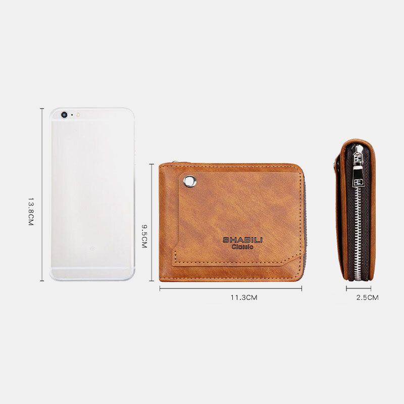 Herren Kunstleder Retro Klassisch Draw Card Slot Bifold Zipepr Card Holder Wallet