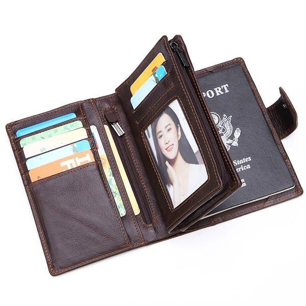 Herren Passport Bag 9 Kartenfächer Fotohalter Echtes Leder Oil Wax Business Short Wallet