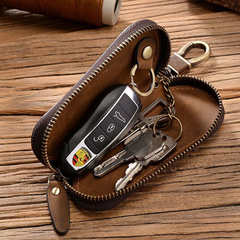 Herren Tragbares Multifunktions Autoschlüssel Etui Retro Echtleder Reißverschluss Geldbörsen Mit Haken