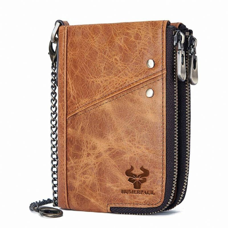 Herren Vinatge Echtes Leder Blocking Chain Zipper Coin Bag Wallet