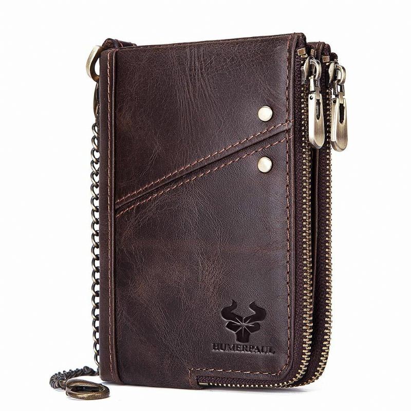 Herren Vinatge Echtes Leder Blocking Chain Zipper Coin Bag Wallet