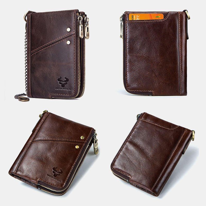 Herren Vinatge Echtes Leder Blocking Chain Zipper Coin Bag Wallet