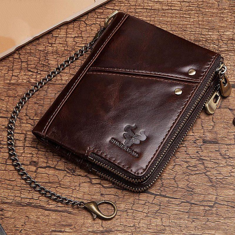 Herren Vinatge Echtes Leder Blocking Chain Zipper Coin Bag Wallet