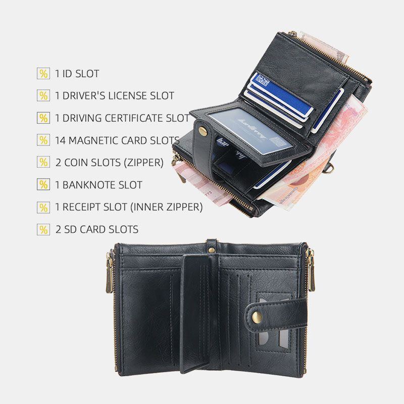 Herren Pu Leder Kurz Bifold Doppelreißverschluss Multi Kartensteckplatz Kartenhalter Retro Geldbörse Geldscheinklammer Geldbörse