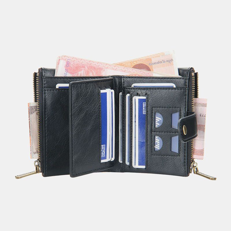 Herren Pu Leder Kurz Bifold Doppelreißverschluss Multi Kartensteckplatz Kartenhalter Retro Geldbörse Geldscheinklammer Geldbörse